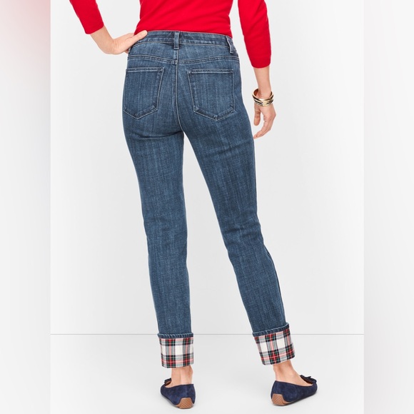 NWT Talbots Straight Leg Jean With Red Plaid Cuff Size 14 Petite - Picture 2 of 11
